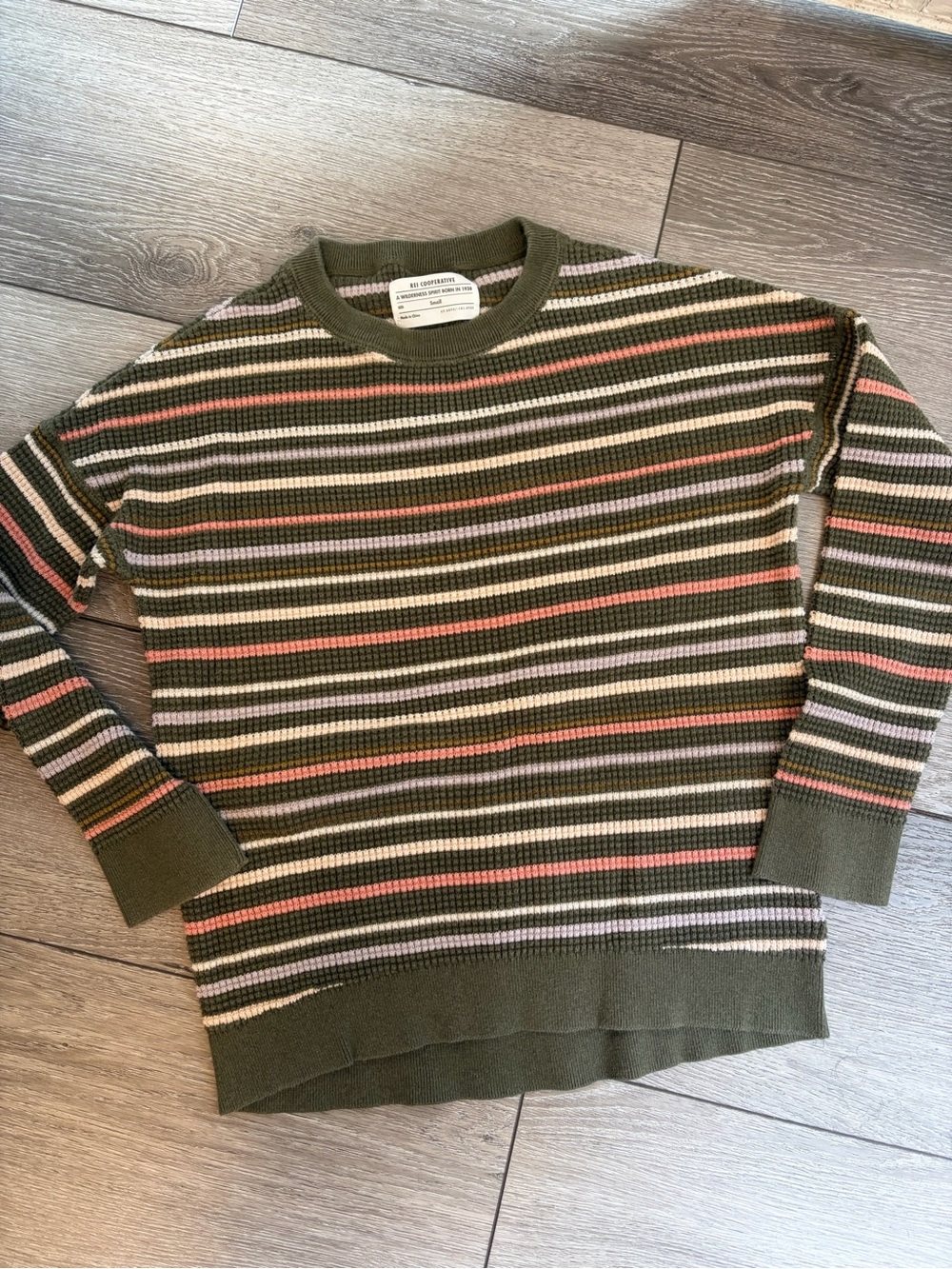 Women’s REI Striped Olive Crewneck Sweater